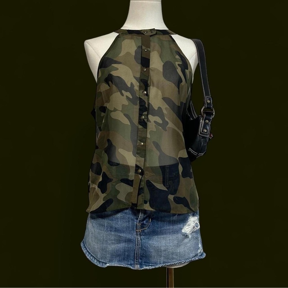 Y2K Wet Seal Sheer Green Camo Button Up Halter Top Size M Military Alt Punk